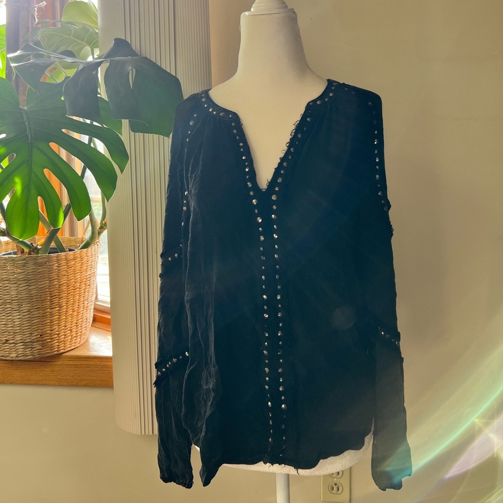 Long sleeve woven top with studs, size S